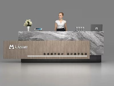 Modern Wooden Reception Desk with Marble Countertop Flower Arrangement Tablet and Laptop 3d model