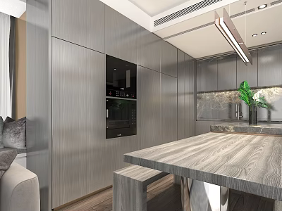 Modern Restaurant Interior Featuring Gray Cabinets Wooden Dining Table Marble Countertop And Green Plant 3d model