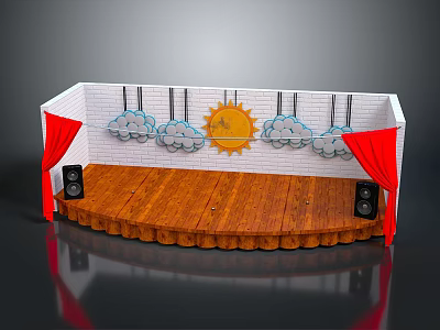 Decorative Stage With Wooden Floor White Brick Wall Sun Cloud Decorations Red Curtains And Speakers 3d model