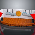 Decorative Stage With Wooden Floor White Brick Wall Sun Cloud Decorations Red Curtains And Speakers