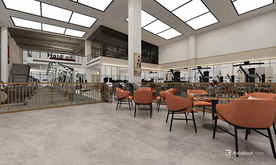 Gym Interior Design With Open Layout Bright Lighting And Orange Seating 3d model 