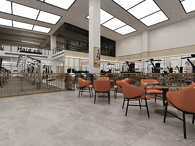Gym Interior Design With Open Layout Bright Lighting And Orange Seating 3d model