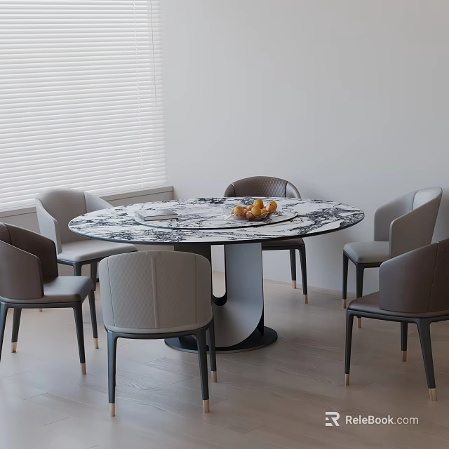Modern Round Marble Dining Table Set With Gray Chairs Fruit Decor And Window Blinds 3d model 