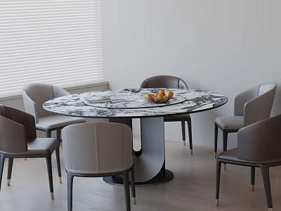 Modern Round Marble Dining Table Set With Gray Chairs Fruit Decor And Window Blinds 3d model