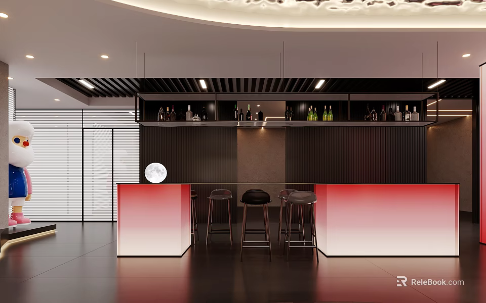 Modern Restaurant Interior With Red Gradient Bar Counter Stools Wine Racks And Modern Lighting 3d model