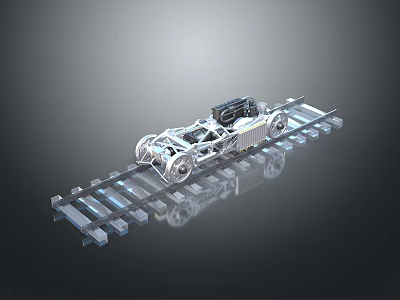 3D Rendered Metallic Car Chassis Frame With Engine And Wheels On Track Structure 3d model