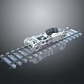 3D Rendered Metallic Car Chassis Frame With Engine And Wheels On Track Structure