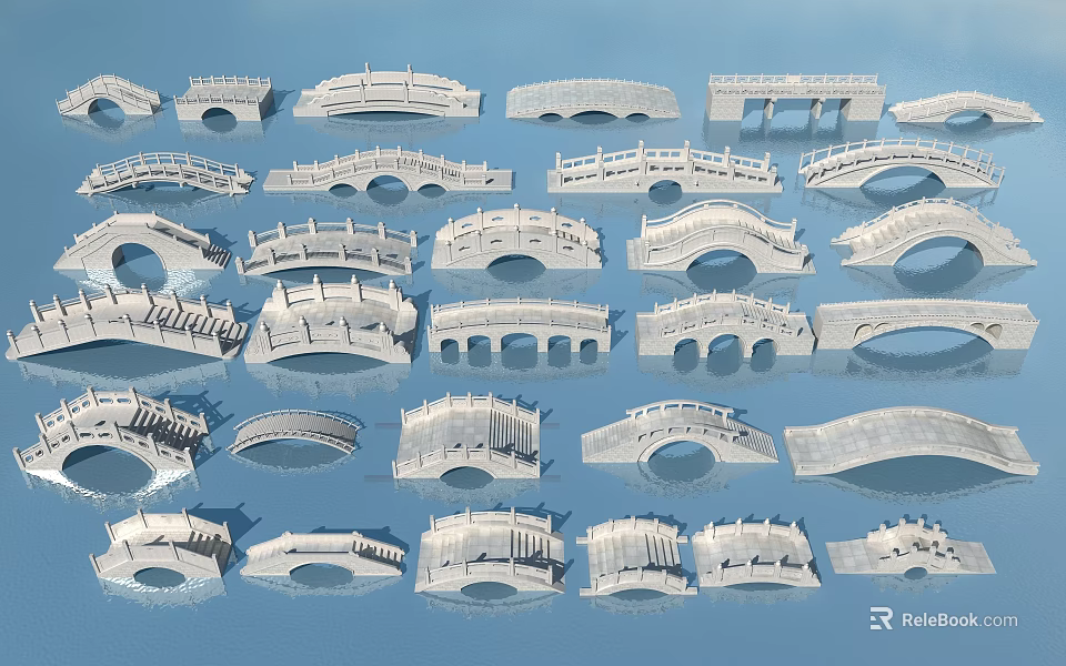 Collection of Bridge Models in Various Styles and Designs on Blue Background 3d model 