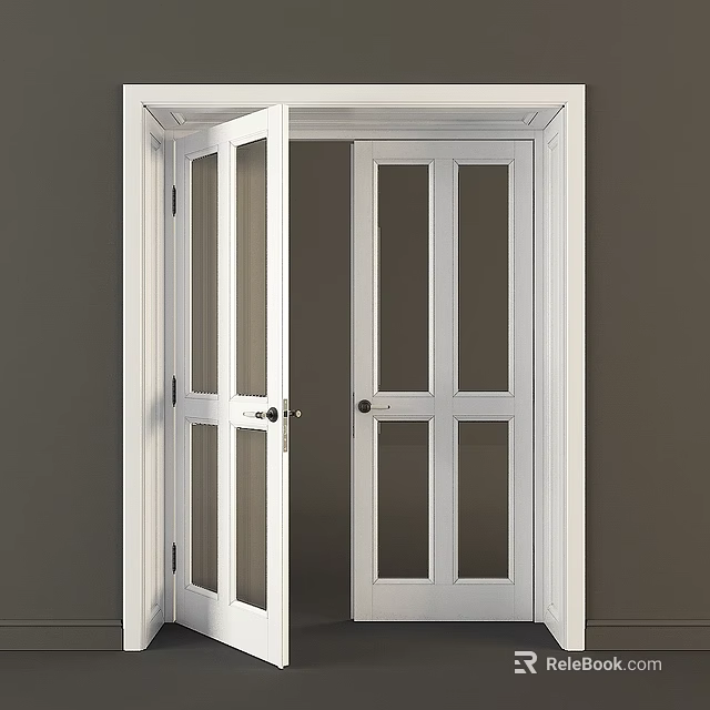 Modern White Double Doors with Glass Panes and Sleek Door Frame Design 3d model