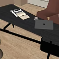 Stylish Black Desk Featuring Laptop Books Red Chair And Wooden Stool On Wooden Floor