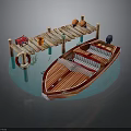 Brown Wooden Boat With Seats Steering Wheel Near Wooden Dock Lifebuoy Red Box Orange Buoys