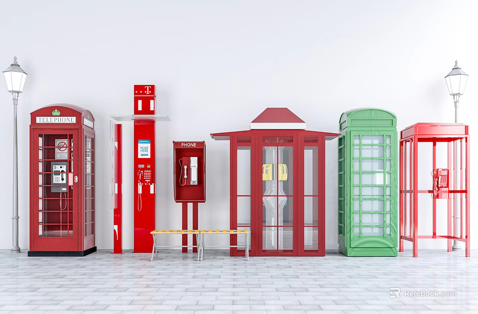 Colorful Public Facilities Featuring Red Green Telephone Booths Mailbox Bench And Kiosk 3d model 