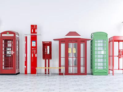 Colorful Public Facilities Featuring Red Green Telephone Booths Mailbox Bench And Kiosk 3d model