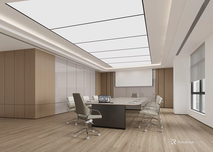 Modern Conference Room Interior With Long Table Chairs Wooden Walls And White Ceiling 3d model 