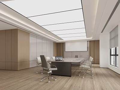 Modern Conference Room Interior With Long Table Chairs Wooden Walls And White Ceiling 3d model