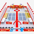 Traditional Event Venue Setup With Red Fences Balloon Columns Arch And Arranged Seats