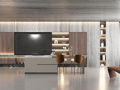 Modern Restaurant Interior With Large Screen TV Wooden Marble Walls Bar Counter And Chairs 3d model