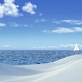 Scenic View with Blue Sky White Clouds Ocean Sandy Beach Yellow Sunflower and Colorful Umbrella