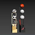 Sports Gear Storage Shelf with Yellow Black Frame Holding Soccer Ball Basketball Badminton Rackets