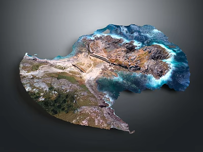 Highly Detailed 3D Island Map With Coastline Buildings And Green Vegetation 3d model