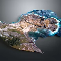 Highly Detailed 3D Island Map With Coastline Buildings And Green Vegetation