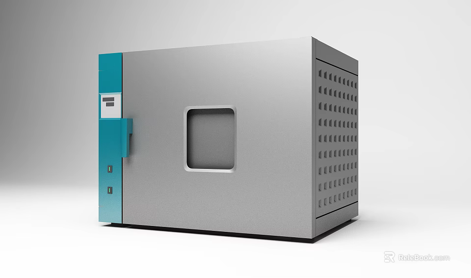 Medical Equipment With Silver Body Blue Panel Square Viewing Window And Side Ventilation Holes 3d model 