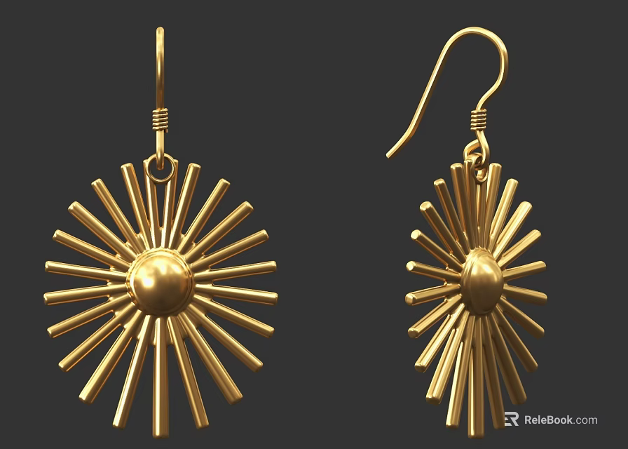 Golden Sunburst Design Earrings With Central Round Bead For Fashion Jewelry Accessory 3d model 