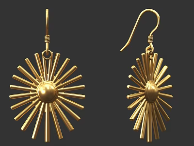 Golden Sunburst Design Earrings With Central Round Bead For Fashion Jewelry Accessory 3d model