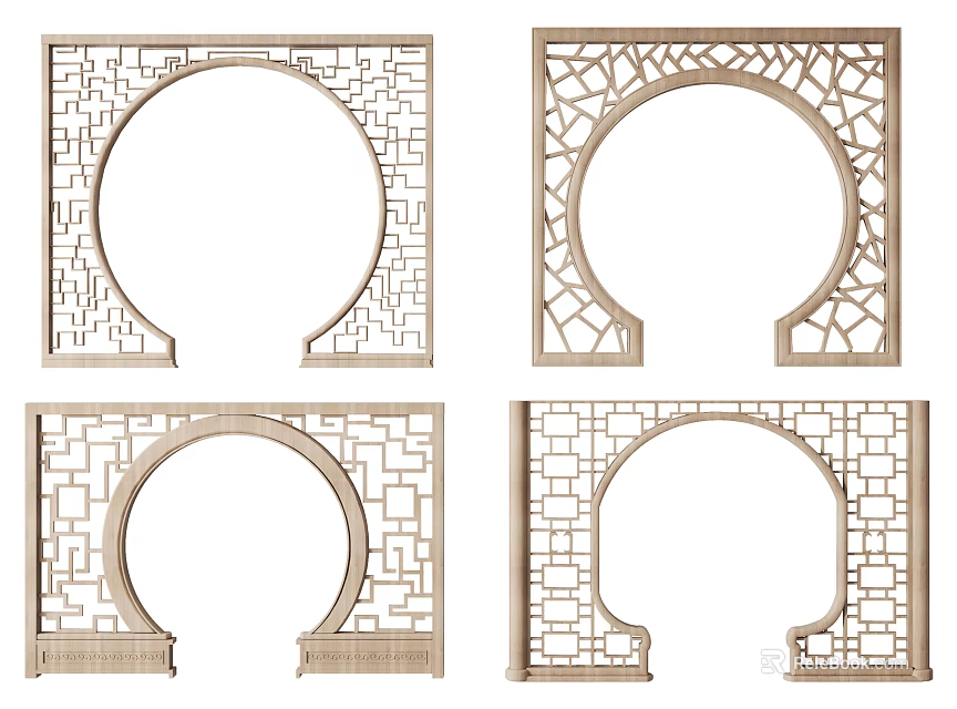 Chinese Carved Wooden Door Arch With Lattice Design And Four Decorative Styles 3d model 