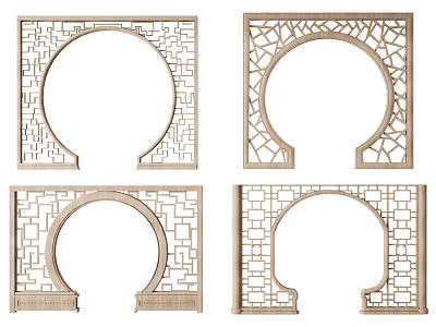 Chinese Carved Wooden Door Arch With Lattice Design And Four Decorative Styles 3d model
