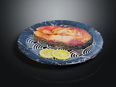Grilled Salmon Fillet Served on Blue and White Wave Pattern Plate with Lemon Slices 3d model