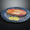 Grilled Salmon Fillet Served on Blue and White Wave Pattern Plate with Lemon Slices