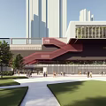 Tall modern buildings surrounding urban park with green spaces circular pathways and central structure