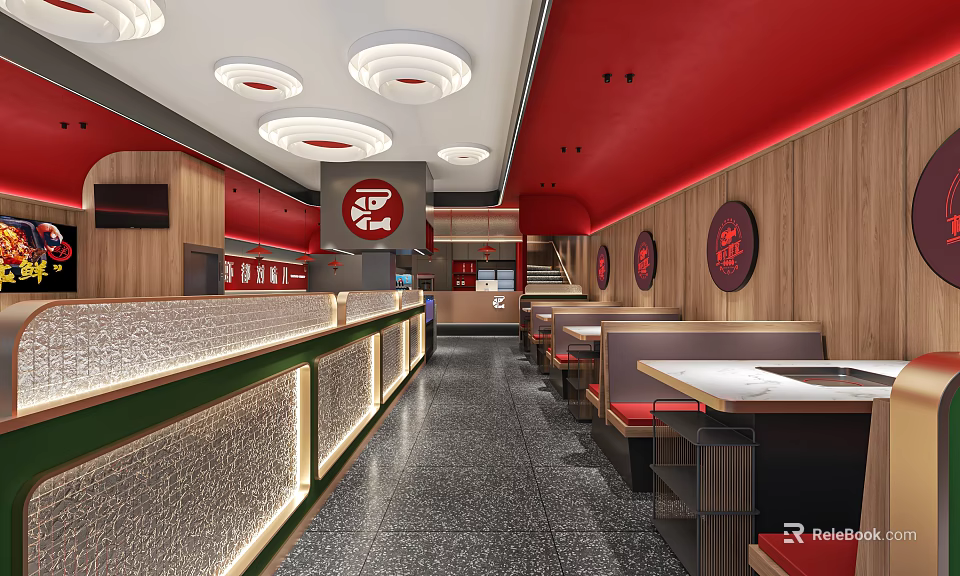 Modern Hotpot Restaurant Interior With Red Decor Wooden Counter And Seating Area 3d model 