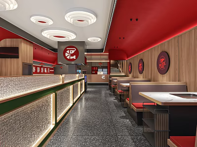 Modern Hotpot Restaurant Interior With Red Decor Wooden Counter And Seating Area 3d model