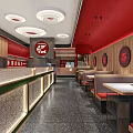 Modern Hotpot Restaurant Interior With Red Decor Wooden Counter And Seating Area