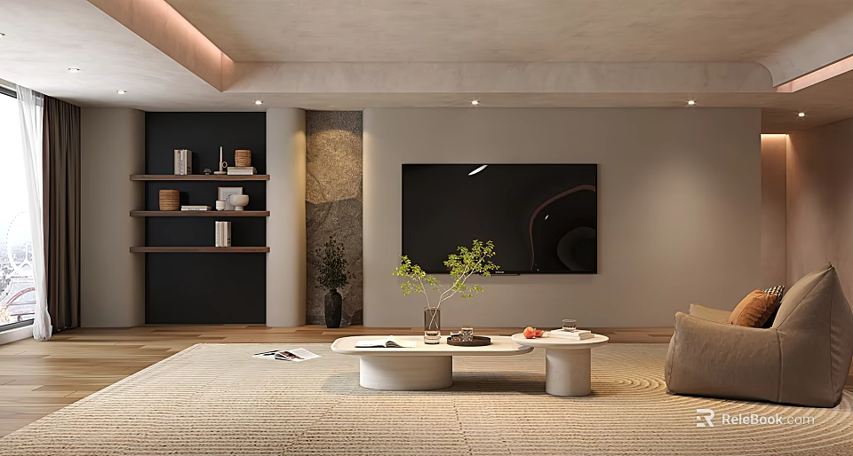 Modern Living Room With Wall Mounted TV Stone Accent Open Shelves And White Coffee Table 3d model 