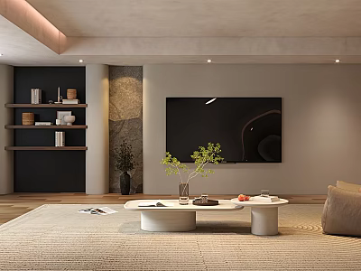 Modern Living Room With Wall Mounted TV Stone Accent Open Shelves And White Coffee Table 3d model