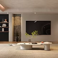 Modern Living Room With Wall Mounted TV Stone Accent Open Shelves And White Coffee Table