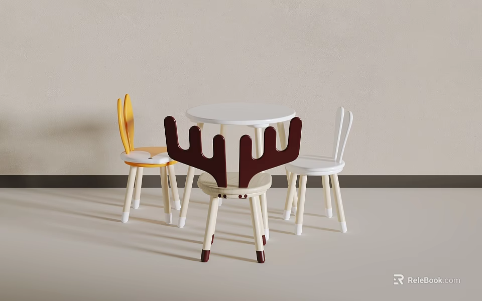 Modern Colorful Kids Stools With Antler Backrest Around White Round Table 3d model 