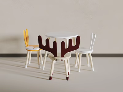 Modern Colorful Kids Stools With Antler Backrest Around White Round Table 3d model