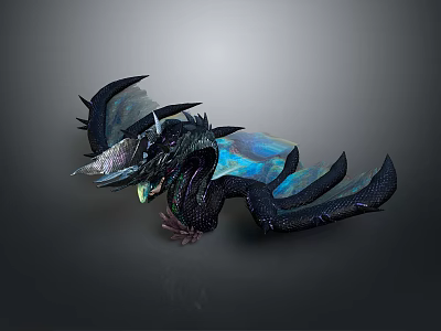 Detailed Mythical Fantasy Dragon Character With Black Scales And Blue Wings 3d model