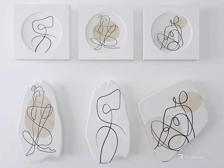 Modern Line Art Wall Decor with Abstract Figures and Beige Accents in Varied Frames 3d model 