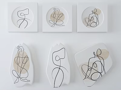 Modern Line Art Wall Decor with Abstract Figures and Beige Accents in Varied Frames 3d model