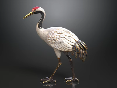 Elegant Crane Sculpture With Red Head White Body And Golden Beak Legs 3d model