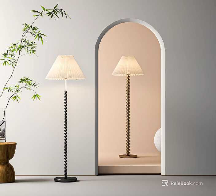 Stylish Floor Lamps In Modern Interior With Arch And Plants 3d model 