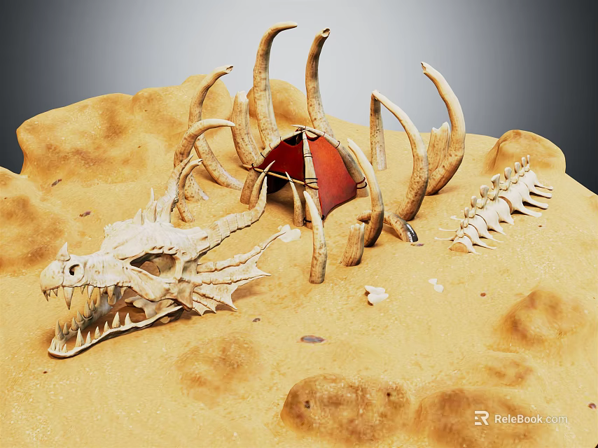 Desert Scene Featuring Dragon Skeleton Red Tent And Bone Remains 3d model 