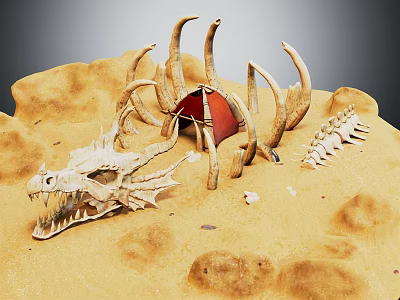 Desert Scene Featuring Dragon Skeleton Red Tent And Bone Remains 3d model