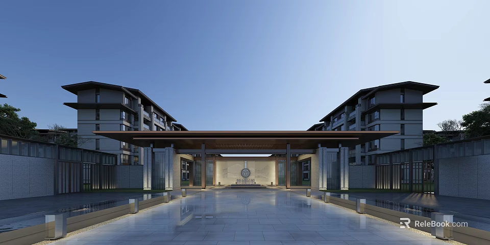 Elegant Modern Entrance Gate Design With Wooden Structure And Courtyard Pathway 3d model 