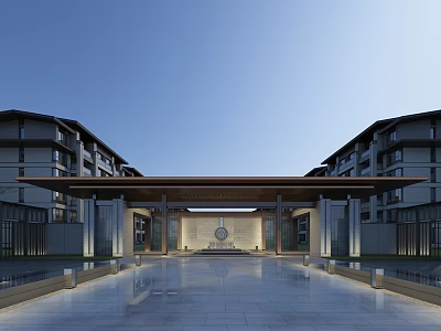 Elegant Modern Entrance Gate Design With Wooden Structure And Courtyard Pathway 3d model